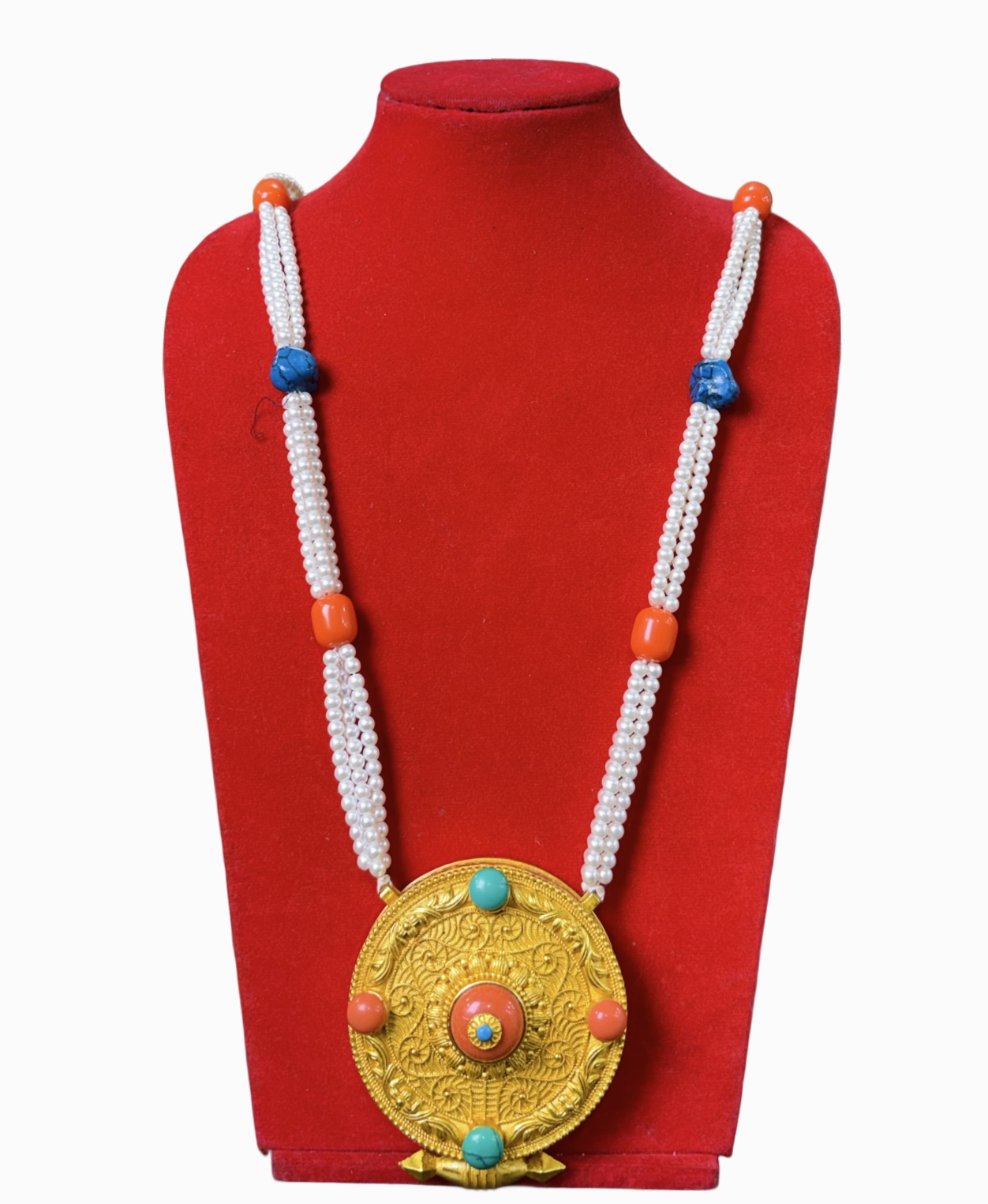 Gold-Plated Tibetan Ghau (Ghaau) Necklace Round Pendant with Coral & Turquoise Stones Handmade Buddhist Jewelry Gold-Plated Tibetan Ghau (Ghaau) Necklace | Round Pendant with Coral & Turquoise Stones | Handmade Buddhist Jewelry - Image 1