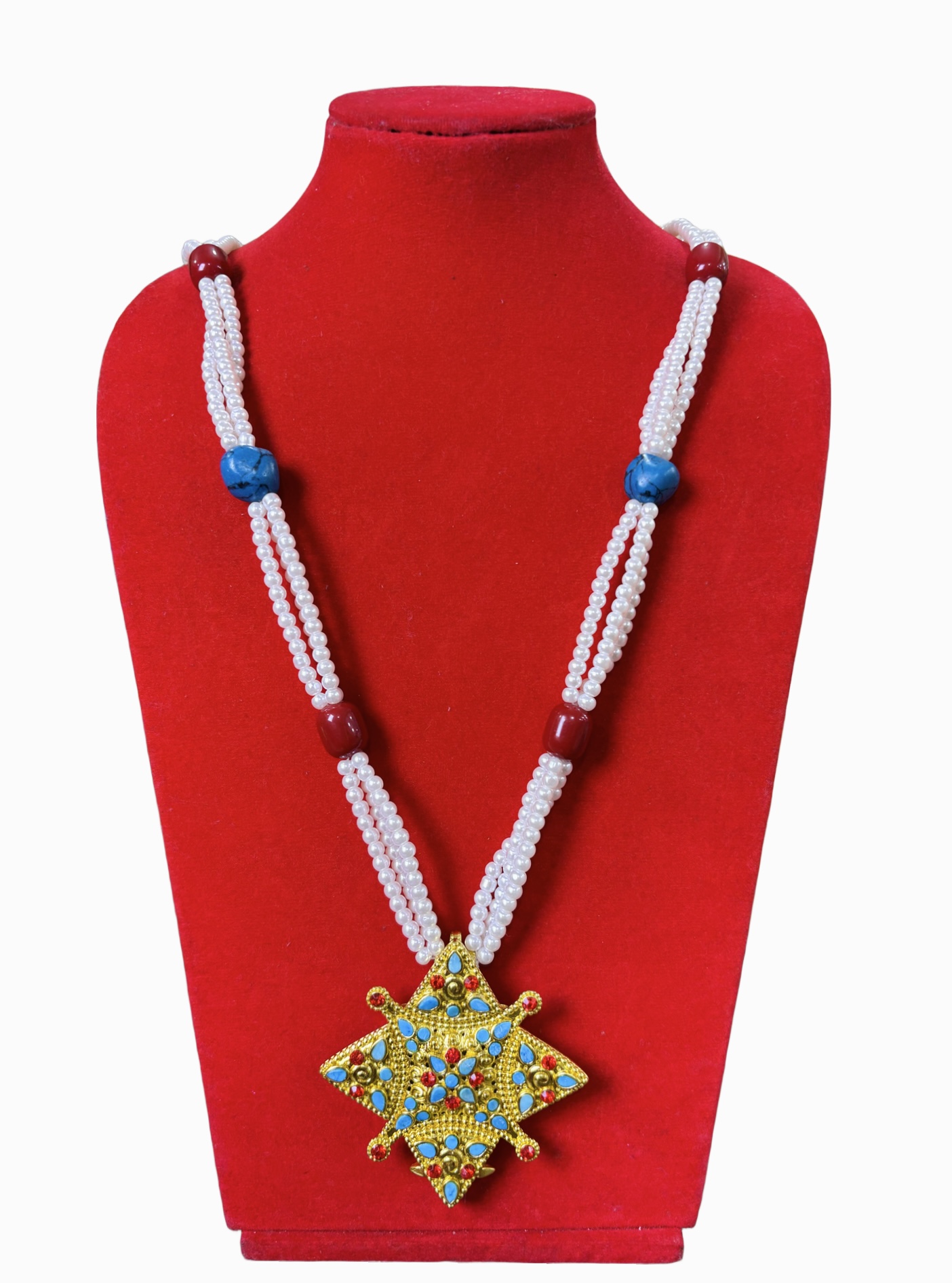 Gold-Plated Tibetan Ghau Mala Necklace Pearl Strands with Turquoise & Red Coral Handmade Buddhist Jewelry Gold-Plated Tibetan Ghau Mala Necklace | Pearl Strands with Turquoise & Red Coral | Handmade Buddhist Jewelry - Image 1