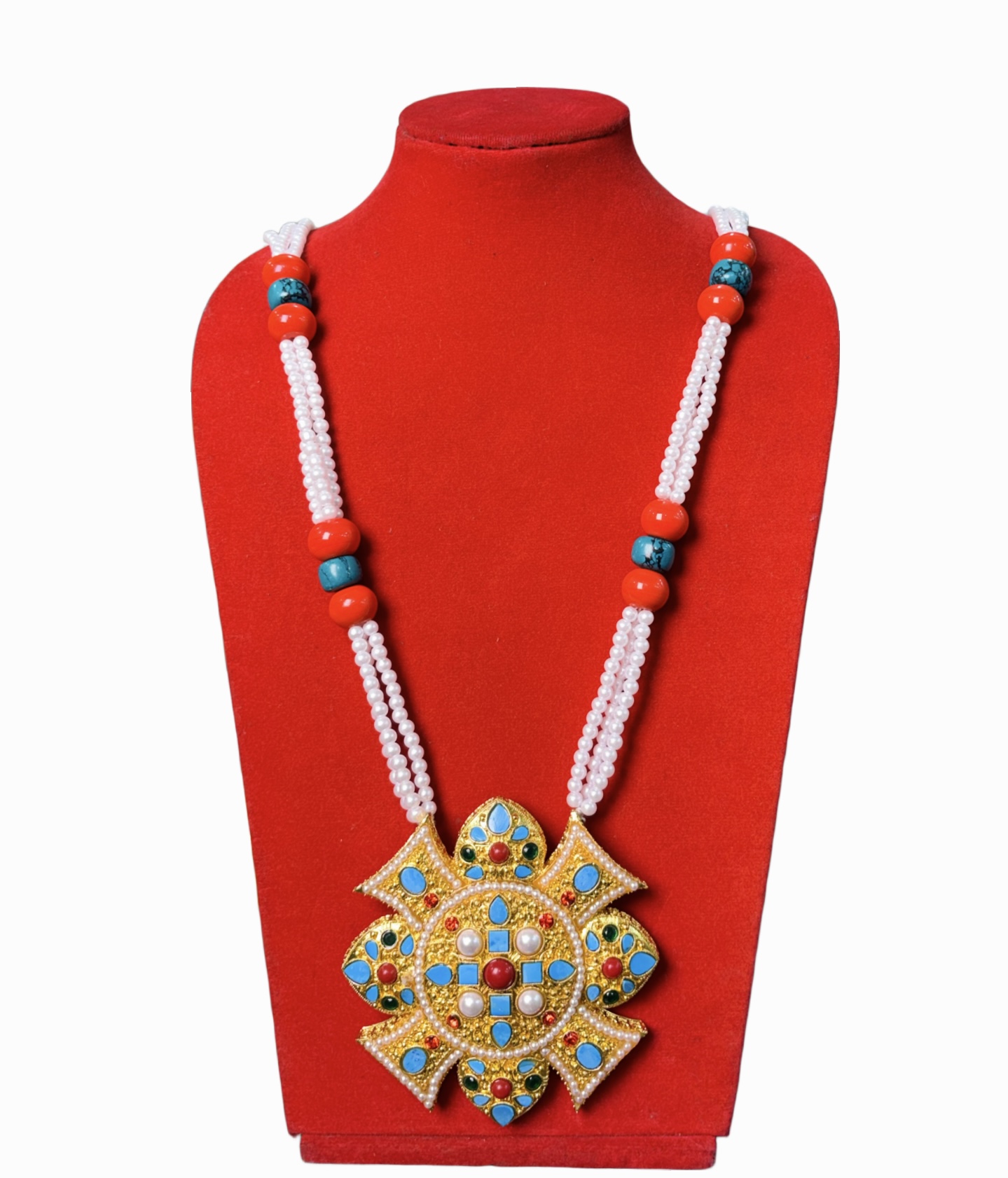 Gold-Plated Tibetan Ghau Mala Necklace with Turquoise, Coral & Pearl Accents Gold-Plated Tibetan Ghau Mala Necklace with Turquoise, Coral & Pearl Accents - Image 1