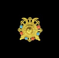 Gold-Plated Tibetan Ghau Prayer Box Amulet Brooch Pendant – Coral & Turquoise Stone Settings – Buddhist Jewelry