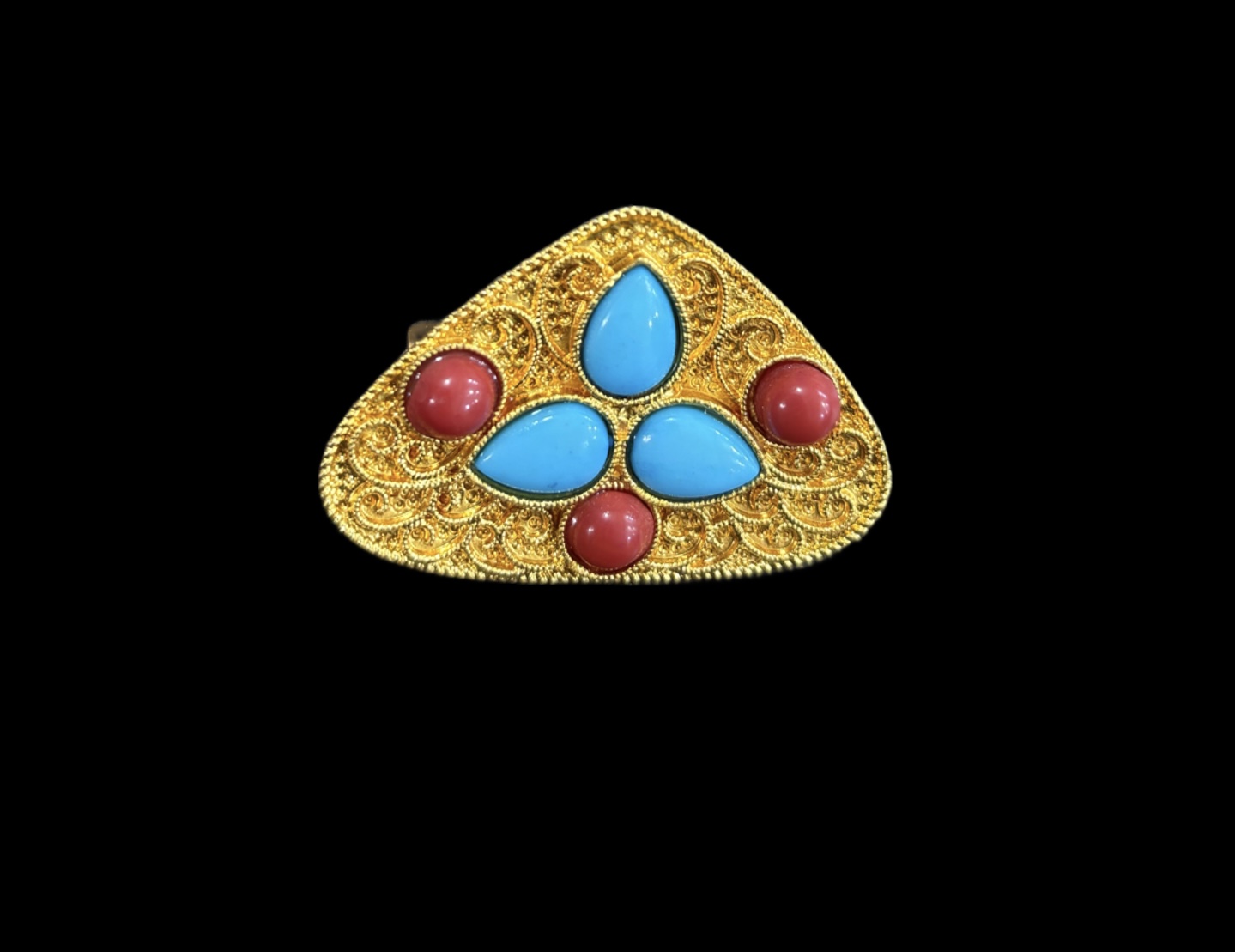 Gold-Plated Tibetan Ghau Prayer Box Amulet Brooch Pendant – Turquoise & Coral Stones – Buddhist Jewelry front Gold-Plated Tibetan Ghau Prayer Box Amulet Brooch Pendant – Turquoise & Coral Stones – Buddhist Jewelry - Image 1