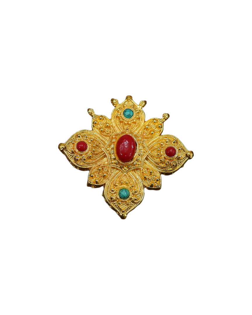 Gold-Plated Tibetan Ghau Prayer Box Amulet Pendant with Red Coral & Turquoise Gold-Plated Tibetan Ghau Prayer Box Amulet Pendant with Red Coral & Turquoise - Image 1