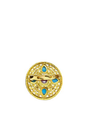 Gold-Plated Tibetan Ghau Prayer Box Brooch with Turquoise & Coral Stones - Image 2