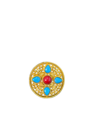 Gold-Plated Tibetan Ghau Prayer Box Brooch with Turquoise & Coral Stones