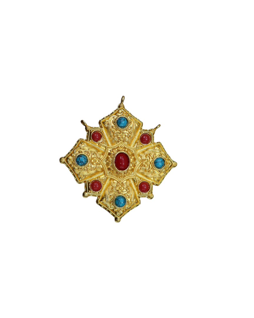 Gold-Plated Tibetan Ghau Prayer Box Pendant with Coral & Turquoise Stones Gold-Plated Tibetan Ghau Prayer Box Pendant with Coral & Turquoise Stones - Image 1