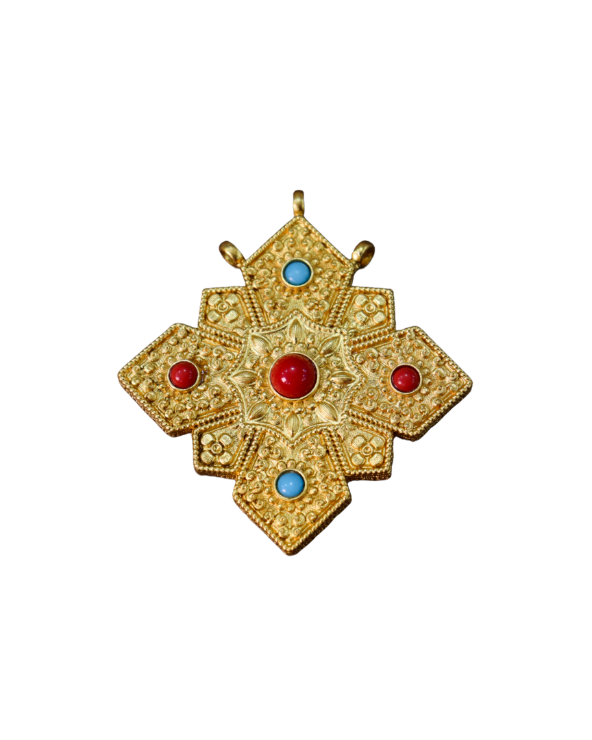 Gold-Plated Tibetan Ghau Prayer Box Pendant with Coral & Turquoise Gold-Plated Tibetan Ghau Prayer Box Pendant with Coral & Turquoise - Image 1