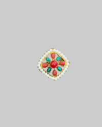 Gold-Plated Tibetan Pearl Ghau Amulet Brooch with Coral & Turquoise Stones