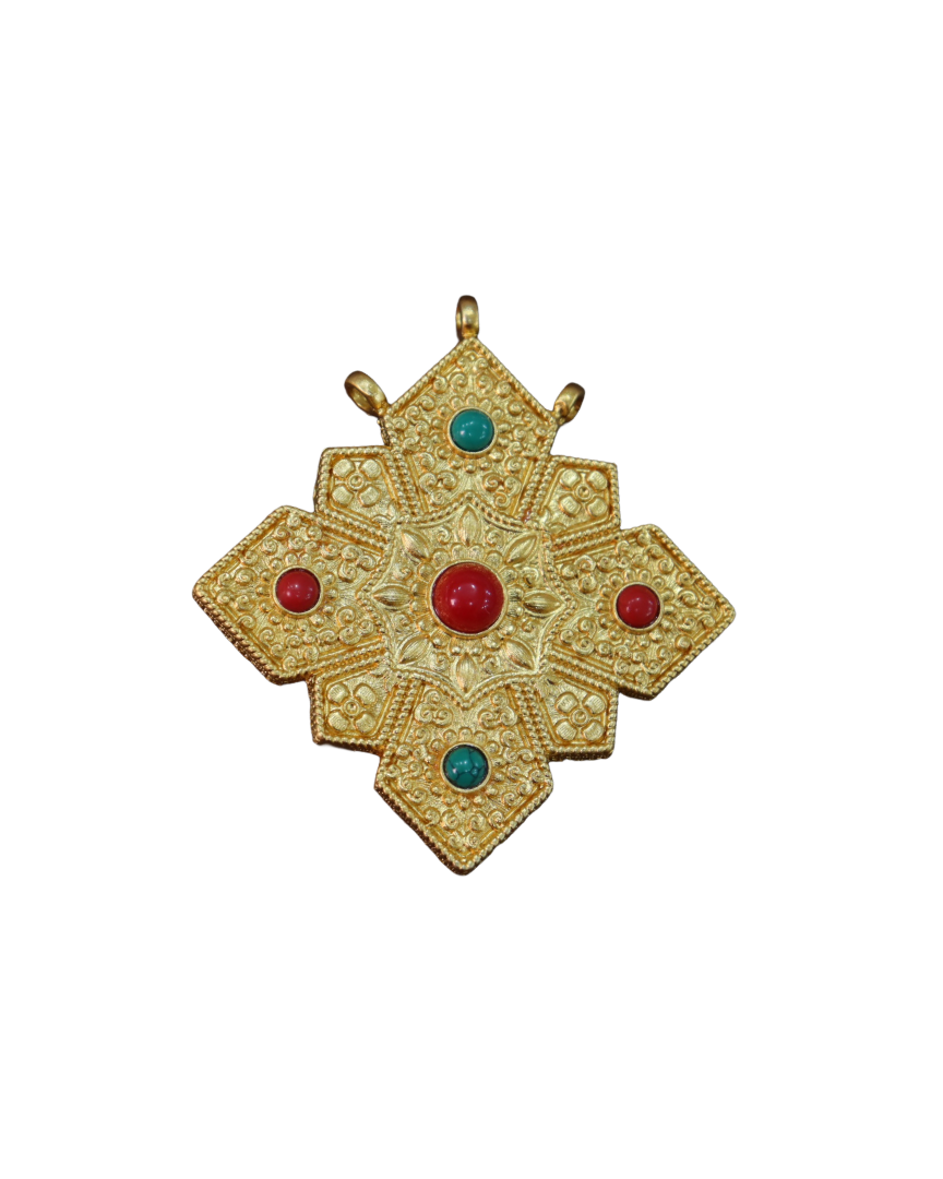 Gold-Plated Tibetan Star Ghau Amulet Prayer Box Pendant with Turquoise & Coral Accents Gold-Plated Tibetan Star Ghau Amulet Prayer Box Pendant with Turquoise & Coral Accents - Image 1