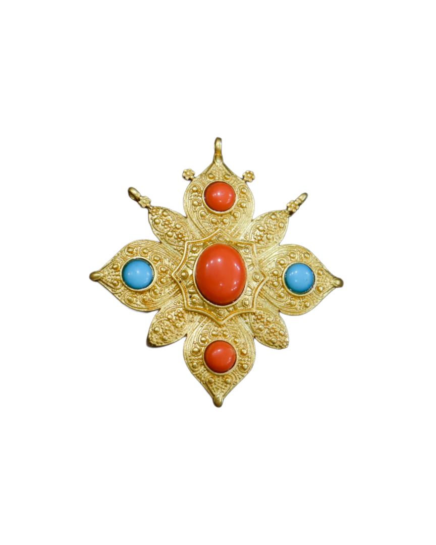 Gold-Plated Tibetan Star Ghau Amulet Prayer Box Pendant with Turquoise & Coral Details Gold-Plated Tibetan Star Ghau Amulet Prayer Box Pendant with Turquoise & Coral Details - Image 1