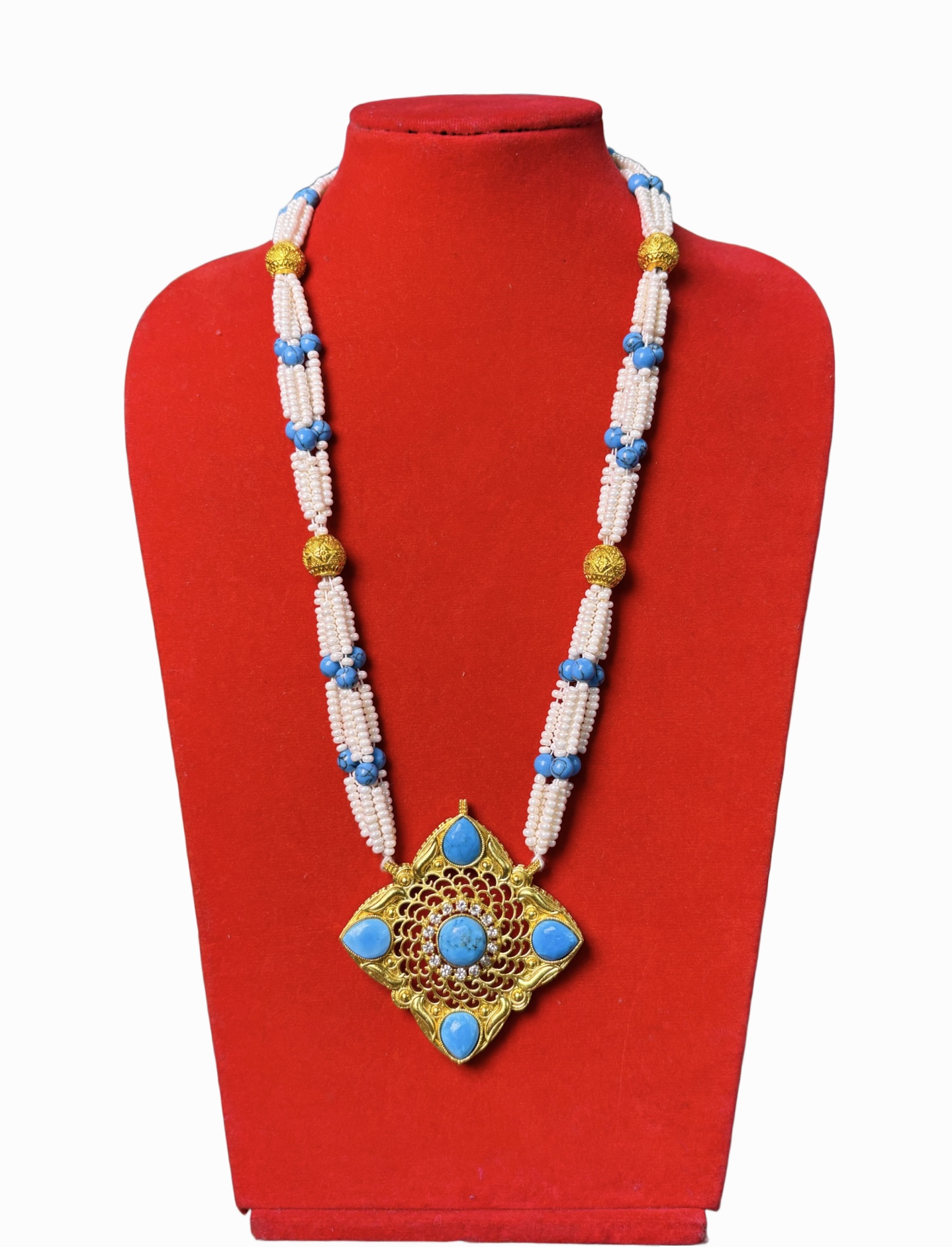 Gold-Plated TibetanNepali Ghaau Necklace with Turquoise & White & Blue Beads Gold-Plated Tibetan/Nepali Ghaau Necklace with Turquoise & White & Blue Beads - Image 1
