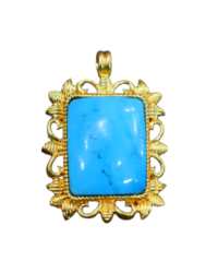 Gold-Plated Turquoise Pendant with Rectangular Cabochon in Ornate Frame | Statement Necklace