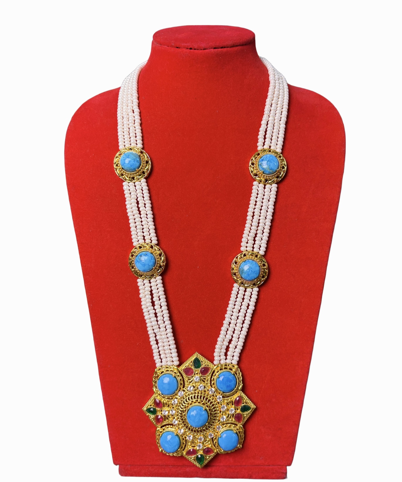 Gold Tibetan Khau Necklace Set with Pearls, Turquoise, Coral, Jade & CZ Stones Gold Tibetan Khau Necklace Set with Pearls, Turquoise, Coral, Jade & CZ Stones - Image 1