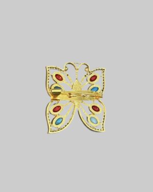 Gold-Tone Butterfly Brooch with Red & Teal Cabochons and Clear Crystal Accents | Possibly Vintage Crown Trifari or Kenneth Jay Lane - Image 2