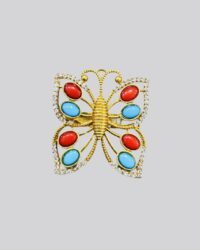 Gold-Tone Butterfly Brooch with Red & Teal Cabochons and Clear Crystal Accents | Possibly Vintage Crown Trifari or Kenneth Jay Lane