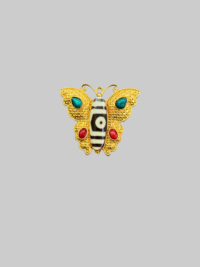Gold-Tone Butterfly Brooch with Tibetan Dzi Agate Bead, Turquoise & Coral Accents | Boho Statement Pin