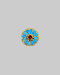 Gold-Tone Floral Brooch with Turquoise-Colored Teardrop Cabochons & Red Center Stone