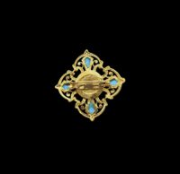 Gold-Tone Maltese Cross Brooch – Faux Turquoise, Imitation Pearls & Red Cabochon – KJL or Sphinx Style - Image 2