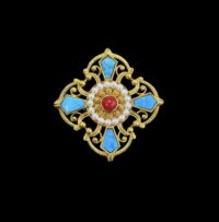 Gold-Tone Maltese Cross Brooch – Faux Turquoise, Imitation Pearls & Red Cabochon – KJL or Sphinx Style