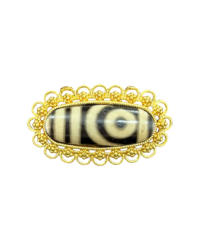 Gold-Toned Brooch or Pendant with Oval Agate Dzi Bead – Two-Eyed / Phoenix-Eye Pattern