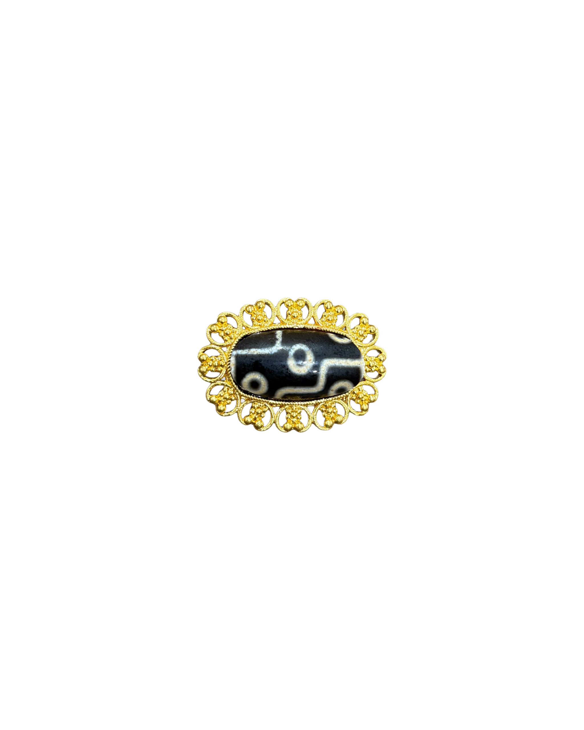 Gold-Toned Brooch with Oval Dzi Bead – AgateChalcedony Eye Pattern, Tibetan-Inspired Statement Pin Gold-Toned Brooch with Oval Dzi Bead – Agate/Chalcedony Eye Pattern, Tibetan-Inspired Statement Pin - Image 1