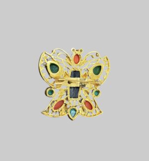 Gold-Toned Filigree Butterfly Brooch with Cylindrical Dzi Bead, Coral, Green Jade & Turquoise Accents - Image 2