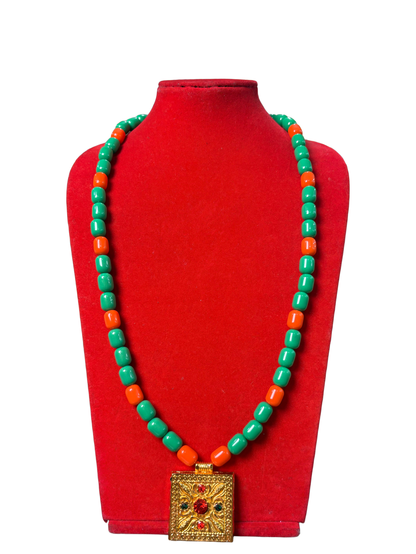Gold-Toned Nepali Peehruu Mala Necklace with Red & Green Beads Gold-Toned Nepali Peehruu Mala Necklace with Red & Green Beads - Image 1
