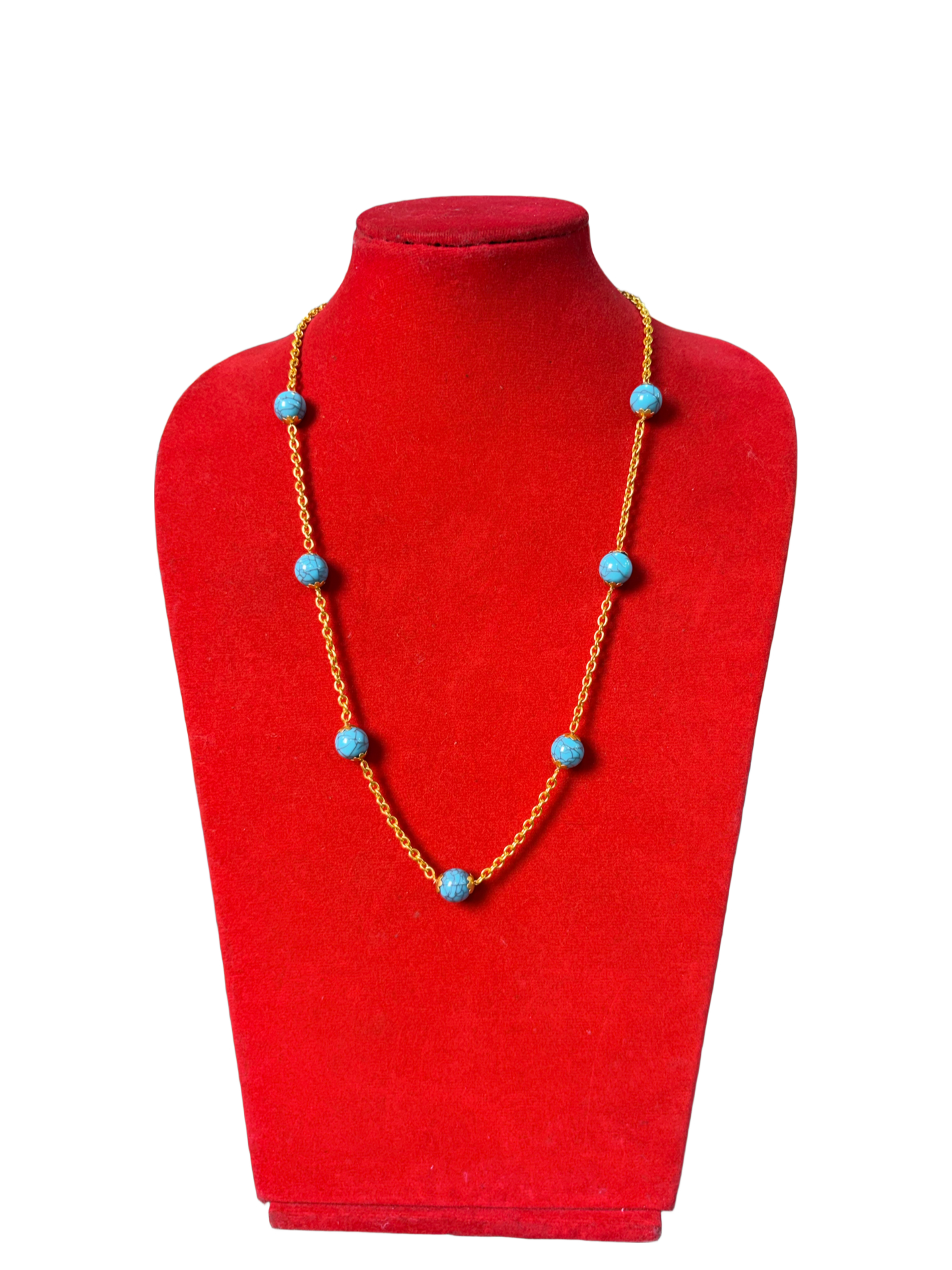 Gold-Toned Station Necklace with Round Turquoise Beads Gold-Toned Station Necklace with Round Turquoise Beads - Image 1