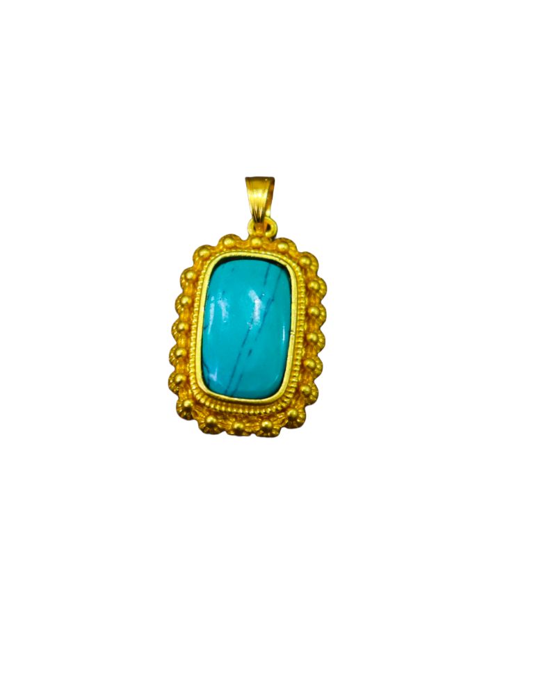 Gold-Toned Turquoise Pendant with Beaded Border Classic Gemstone Necklace Gold-Toned Turquoise Pendant with Beaded Border | Classic Gemstone Necklace - Image 1