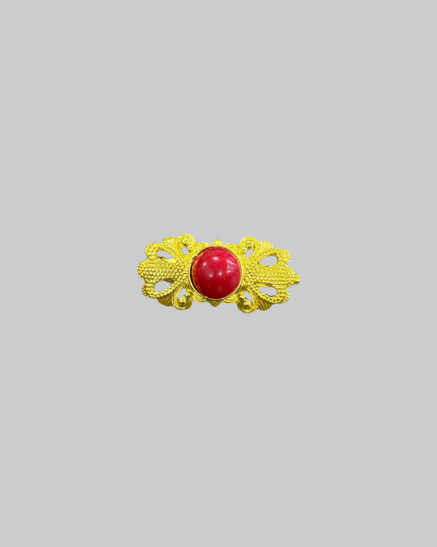 Gold-Toned Vintage Brooch with Red Glass Cabochon Center Classic Statement Pin front Gold-Toned Vintage Brooch with Red Glass Cabochon Center | Classic Statement Pin - Image 1