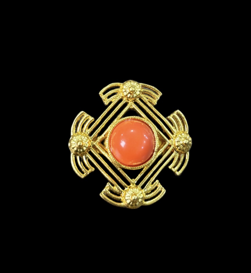 Gold and Coral Brooch – Late Art Deco Retro Period Statement Pin front Gold and Coral Brooch – Late Art Deco / Retro Period Statement Pin - Image 1