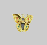 Gold-tone butterfly pendant or brooch featuring a two-eyed Tibetan Dzi bead as the body, accented with red coral and turquoise stones. - Image 2