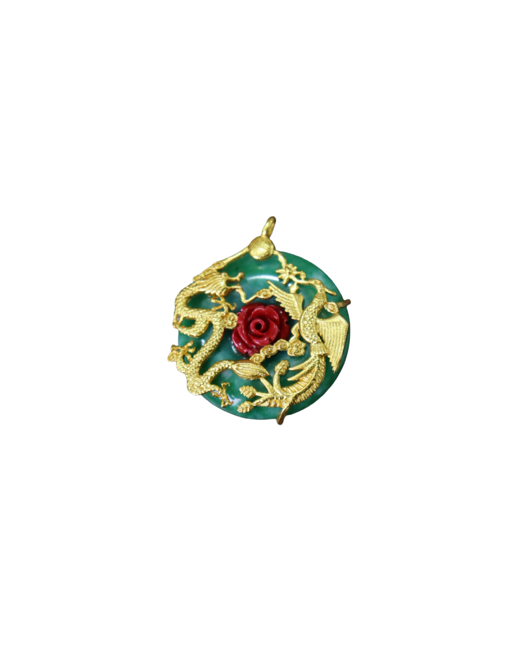 Green Jade Dragon & Phoenix Pendant with Red Rose Accent in Gold Plate Green Jade Dragon & Phoenix Pendant with Red Rose Accent in Gold Plate - Image 1