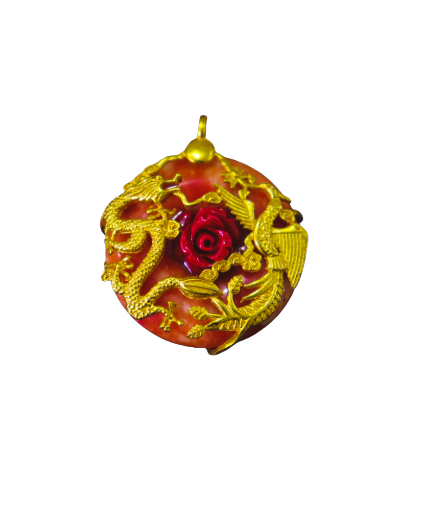 Hand-Carved Red Jade Dragon & Rose Pendant in Yellow Gold Plate Hand-Carved Red Jade Dragon & Rose Pendant in Yellow Gold Plate - Image 1