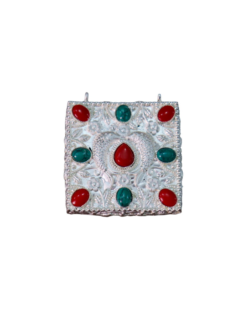 Handcrafted Nepalese Tibetan Silver Ghau Prayer Box Pendant with Coral & Turquoise Handcrafted Nepalese Tibetan Silver Ghau Prayer Box Pendant with Coral & Turquoise - Image 1