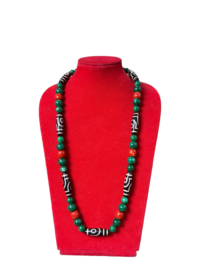 Handcrafted Tibetan Dzi Bead Necklace | Multicolor Agate Beads with Red & Green Accents