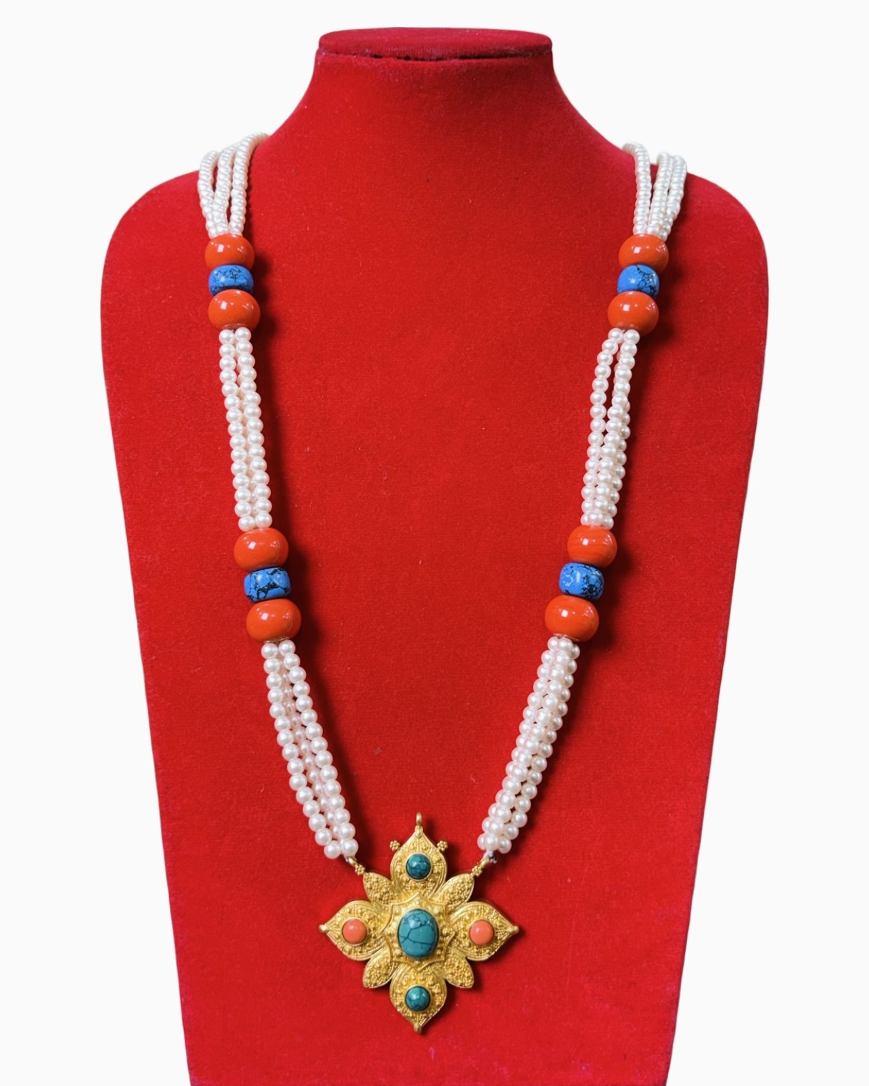 Handcrafted Tibetan Ghau Mala Necklace with Gold-Plated Prayer Box, Coral, Turquoise & Pearls Handcrafted Tibetan Ghau Mala Necklace with Gold-Plated Prayer Box, Coral, Turquoise & Pearls - Image 1
