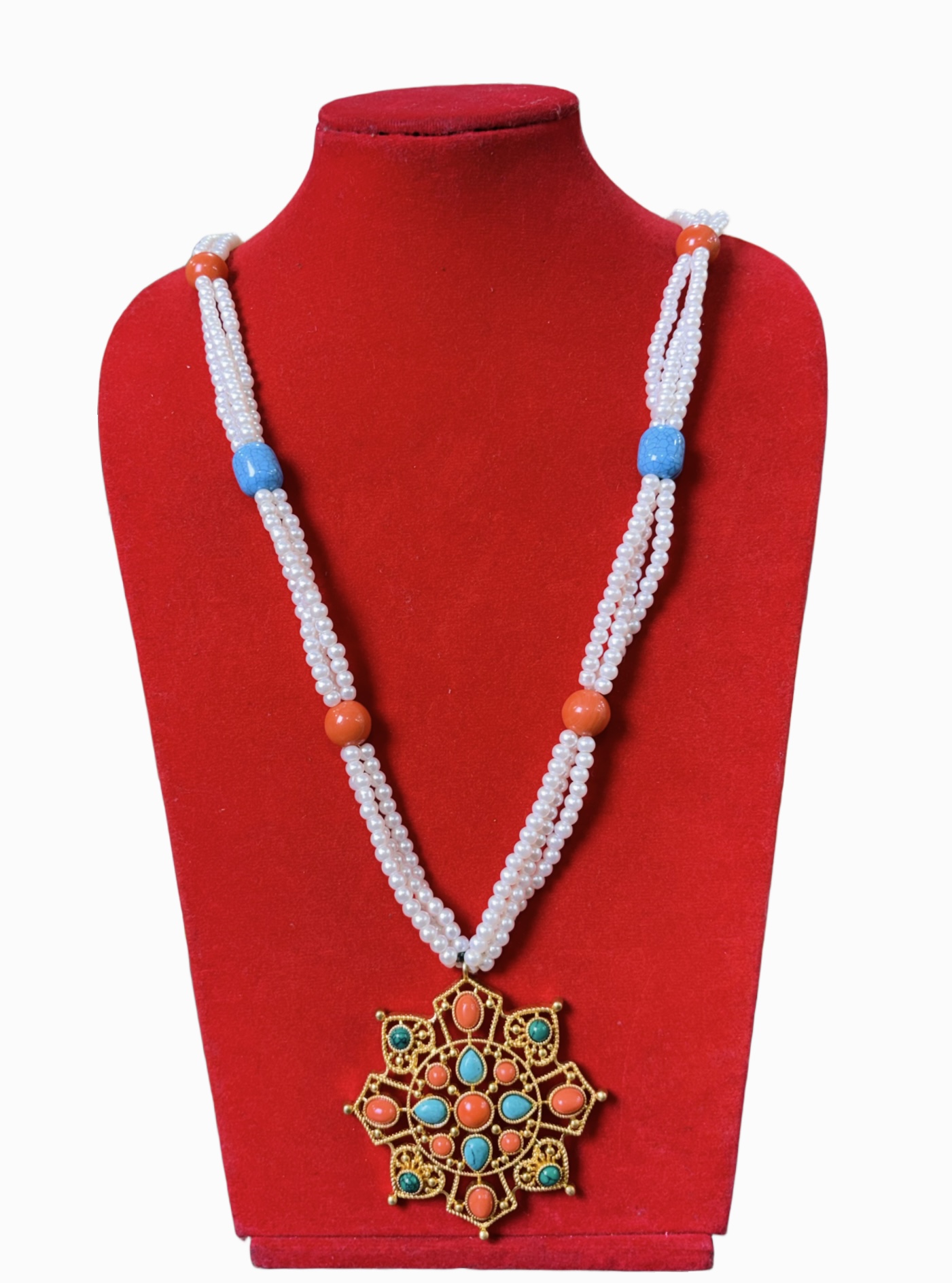 Handmade Tibetan-Style Necklace Pendant with Cultured Pearls, Coral & Turquoise Traditional Buddhist Jewelry Handmade Tibetan-Style Necklace | Pendant with Cultured Pearls, Coral & Turquoise | Traditional Buddhist Jewelry - Image 1