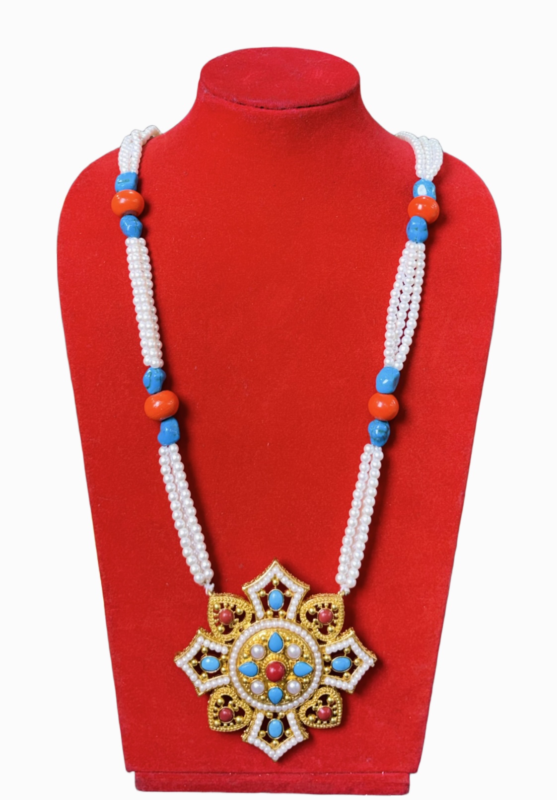 Modern Tibetan-Style Gau (Ghau) Necklace Gold-Plated Pendant with Turquoise & Coral Beads Handmade Jewelry Modern Tibetan-Style Gau (Ghau) Necklace | Gold-Plated Pendant with Turquoise & Coral Beads | Handmade Jewelry - Image 1