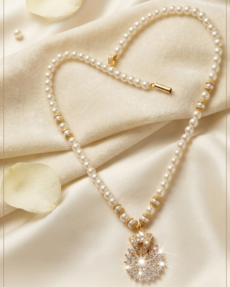 Moti Mala Pearl Necklace with Crystal Circular Pendant Moti Mala Pearl Necklace with Crystal Circular Pendant - Image 1