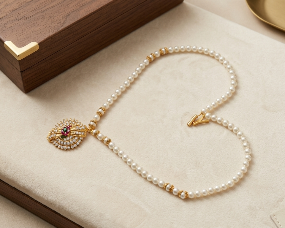 Moti Mala Pearl Necklace with Gold-Plated Multicolor Stone Pendant Set Moti Mala Pearl Necklace with Gold-Plated Multicolor Stone Pendant Set - Image 1