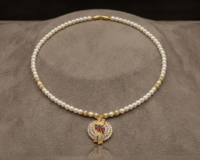 Moti Mala Pearl Necklace with Gold-Plated Multicolor Stone Pendant Set - Image 2