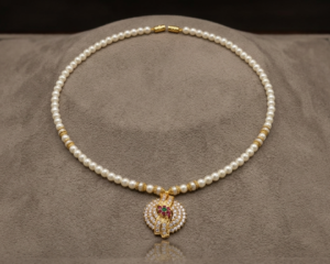 Moti Mala Pearl Necklace with Gold-Plated Multicolor Stone Pendant Set - Image 2