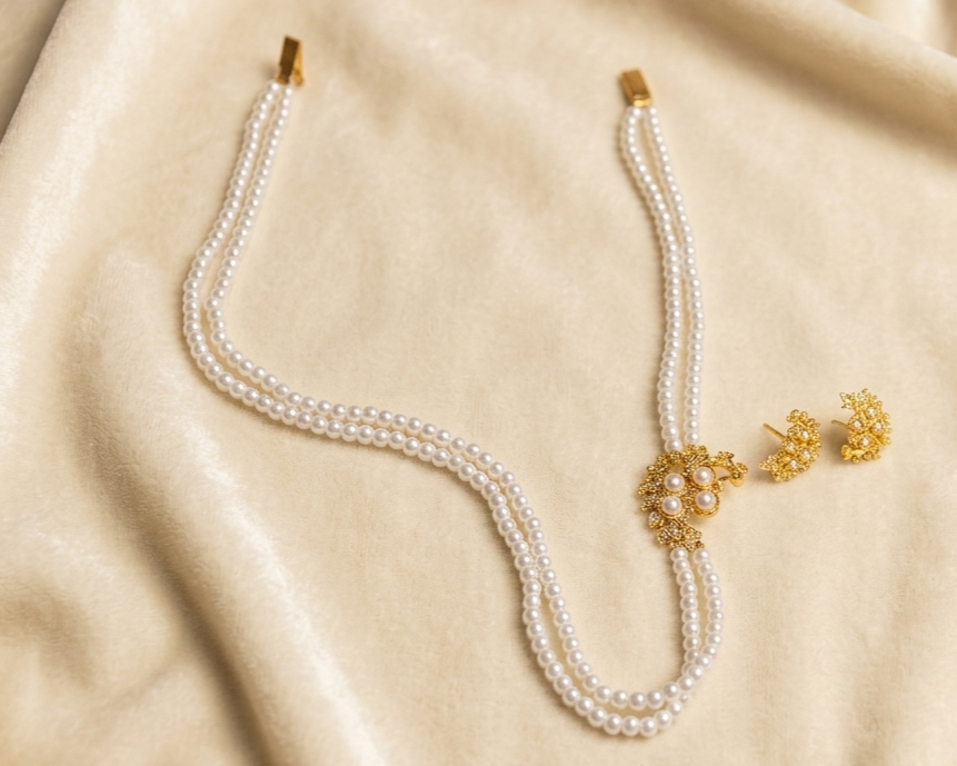 Multi-Layer Pearl Sitahar Necklace & Earrings Set – Traditional South Asian Bridal Pearl Jewelry Set Multi-Layer Pearl Sitahar Necklace & Earrings Set – Traditional South Asian Bridal Pearl Jewelry Set - Image 1