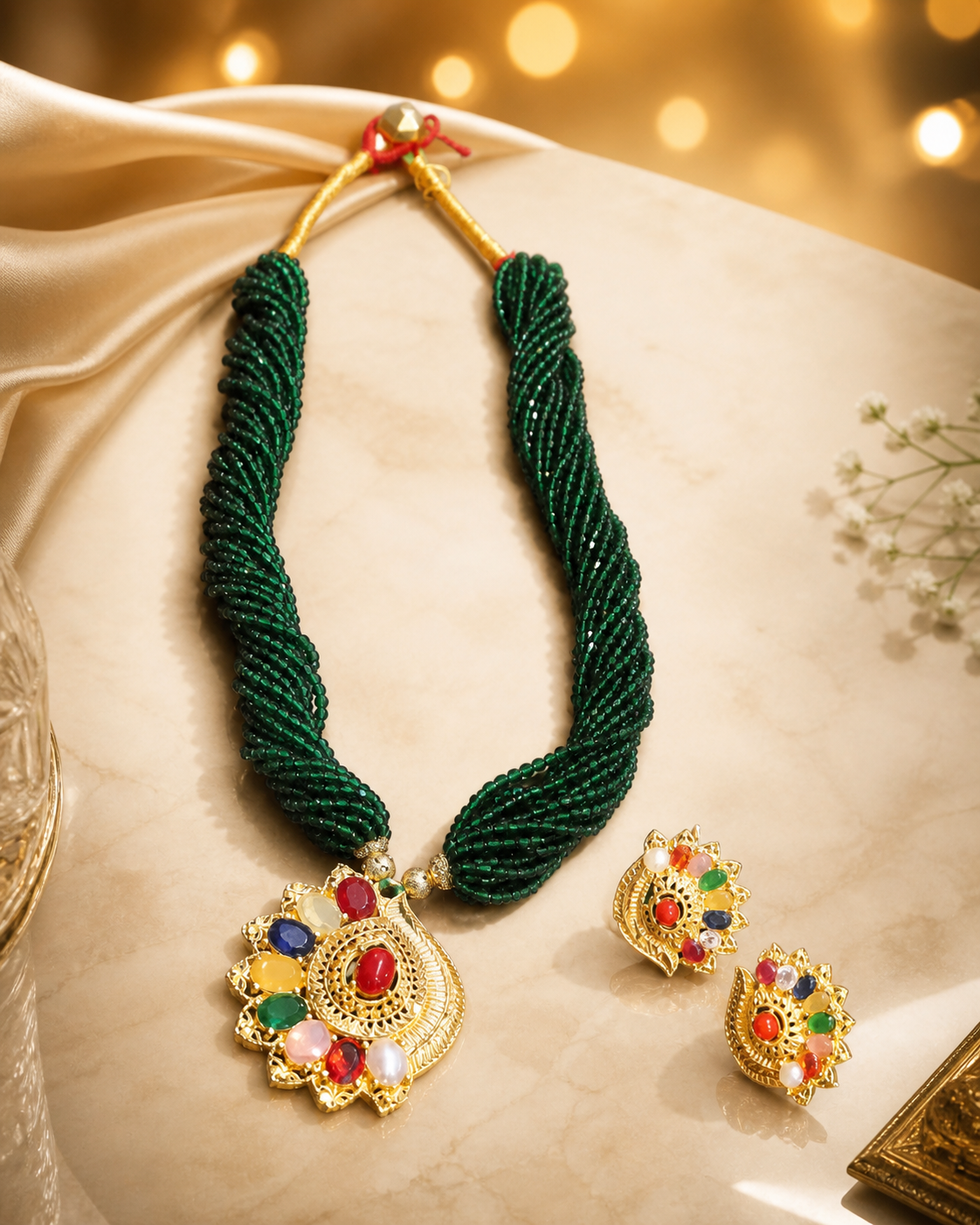 Navratna Emerald Beaded Traditional Necklace Set Navratna Emerald Beaded Traditional Necklace Set - Image 1