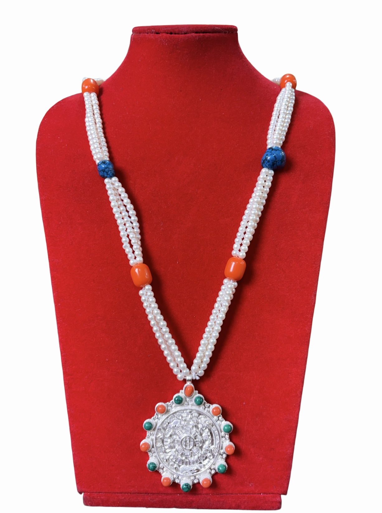 Nepali & Tibetan-Style Ghau Mala Necklace Gold-Plated Pendant with Pearl Strands, Turquoise & Red Coral Accents Handmade Jewelry Nepali & Tibetan-Style Ghau Mala Necklace | Gold-Plated Pendant with Pearl Strands, Turquoise & Red Coral Accents | Handmade Jewelry - Image 1