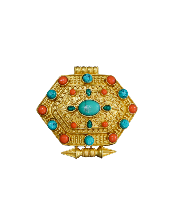 OuQDR6necUqAKltz9vvslMjr1yTmyHqv8PtCkiHM Gold-Plated Tibetan Ghau (Gau) Prayer Box Amulet Pendant with Turquoise & Coral - Image 1