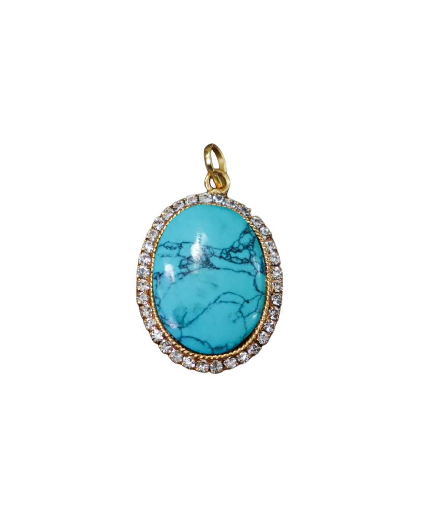 Oval Turquoise & Diamond Halo Pendant in 14K Yellow Gold Luxury Gemstone Necklace Oval Turquoise & Diamond Halo Pendant in 14K Yellow Gold | Luxury Gemstone Necklace - Image 1
