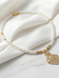 Pearl Choker Necklace with Woven Gold Pendant & Spacer Beads – Elegant Beaded Statement Jewelry - Image 2