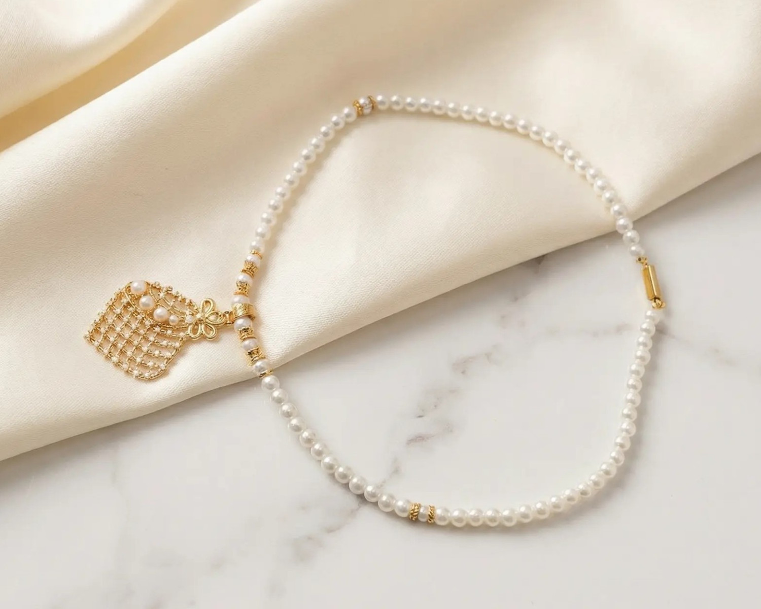 Pearl Choker Necklace with Woven Gold Pendant & Spacer Beads – Elegant Beaded Statement Jewelry2 Pearl Choker Necklace with Woven Gold Pendant & Spacer Beads – Elegant Beaded Statement Jewelry - Image 1
