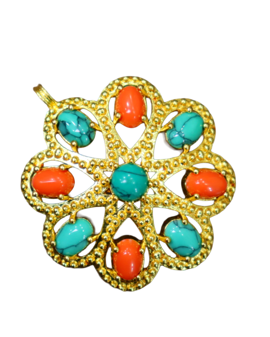 Pendant Necklace with Turquoise and Coral-Colored Stones Statement Jewelry Pendant Necklace with Turquoise and Coral-Colored Stones | Statement Jewelry - Image 1